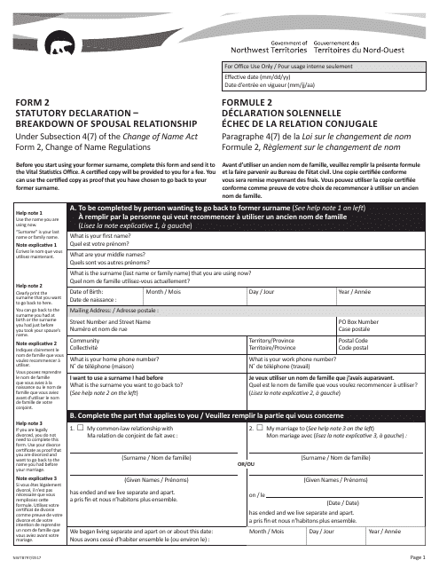 Form 2 (NWT8797) Statutory Declaration - Breakdown of Spousal Relationship - Northwest Territories, Canada (English/French)