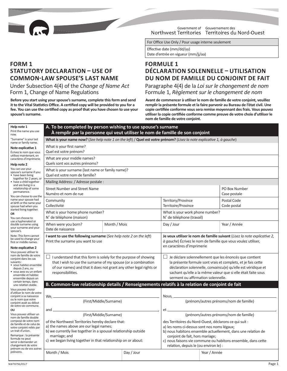 Form 1 (NWT8796) Statutory Declaration - Use of Common-Law Spouses Name - Northwest Territories, Canada (English / French), Page 1