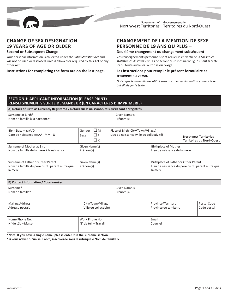 Form NWT8995 Change of Sex Designation 19 Years of Age or Older - Second or Subsequent Change - Northwest Territories, Canada (English/French), Page 1