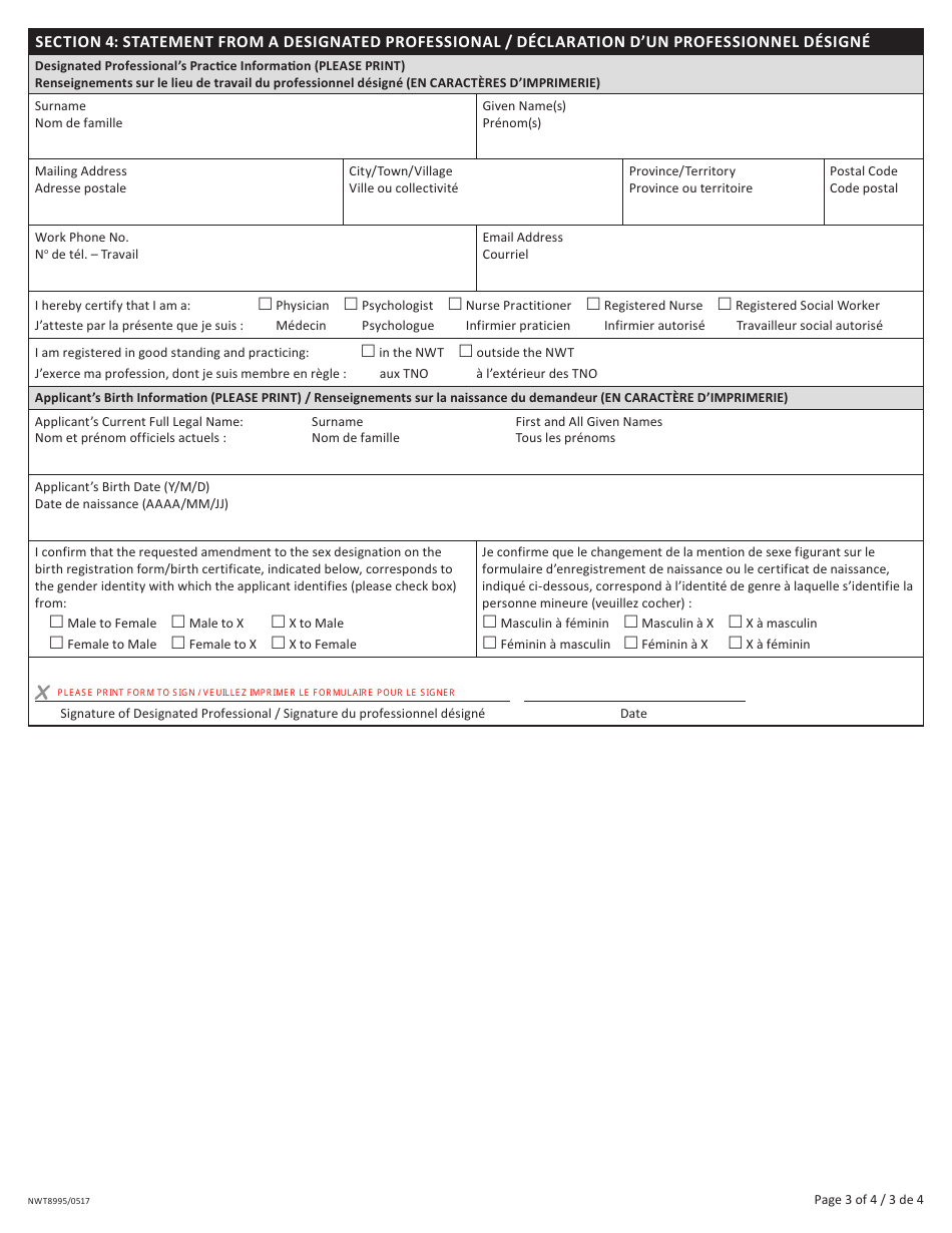 Form NWT8995 Change of Sex Designation 19 Years of Age or Older - Second or Subsequent Change - Northwest Territories, Canada (English / French), Page 3