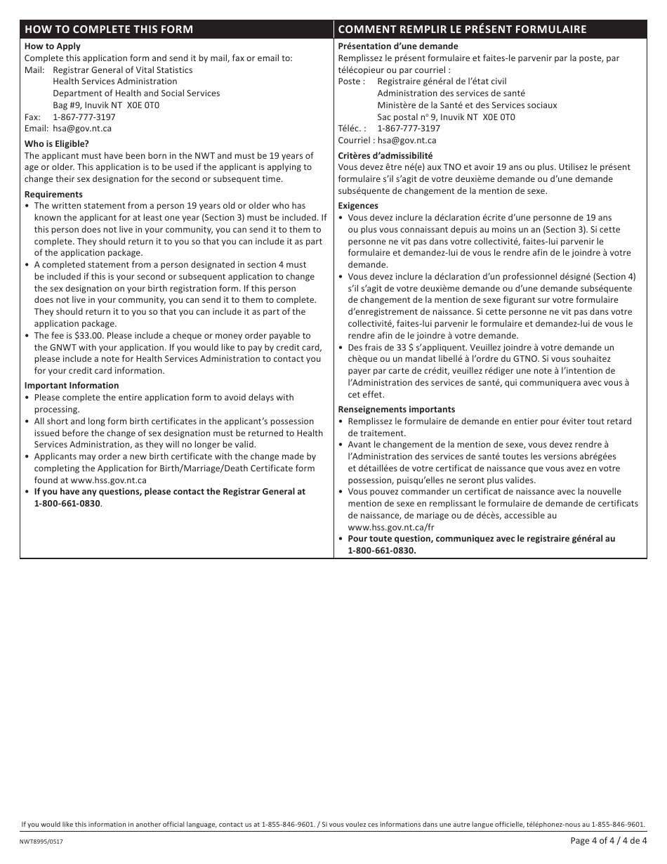 Form NWT8995 Change of Sex Designation 19 Years of Age or Older - Second or Subsequent Change - Northwest Territories, Canada (English / French), Page 4