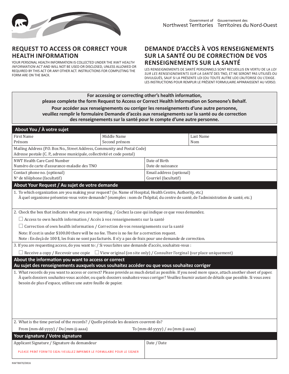 Form NWT8870 Request to Access or Correct Your Health Information - Northwest Territories, Canada (English / French), Page 1