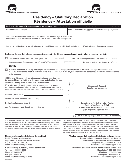 Form NWT8895 Residency - Statutory Declaration - Northwest Territories, Canada (English/French)