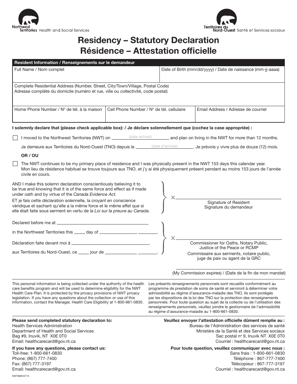 Form NWT8895 Residency - Statutory Declaration - Northwest Territories, Canada (English / French), Page 1