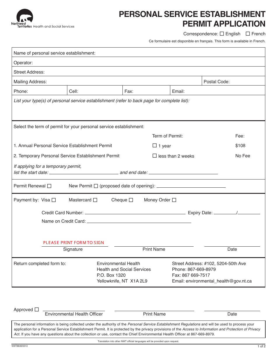 Form NWT8849 Personal Service Establishment Permit Application - Northwest Territories, Canada, Page 1