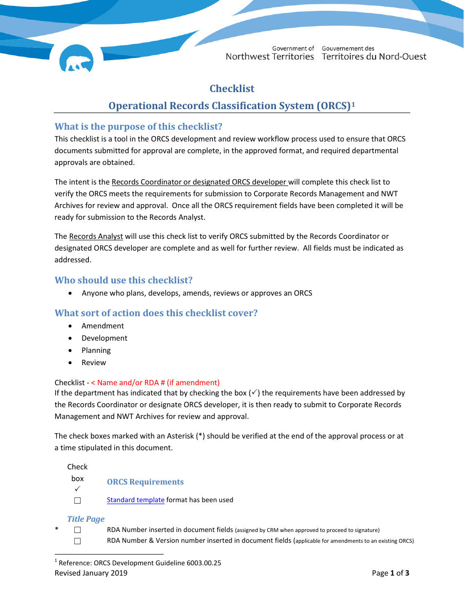 Checklist Operational Records Classification Systems - Northwest Territories, Canada, Page 1