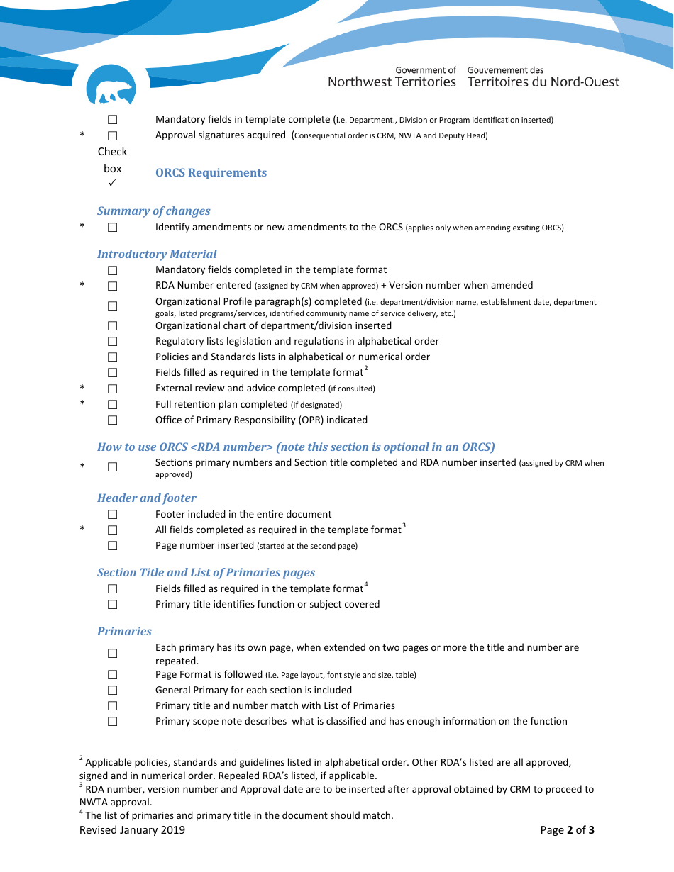 Checklist Operational Records Classification Systems - Northwest Territories, Canada, Page 2