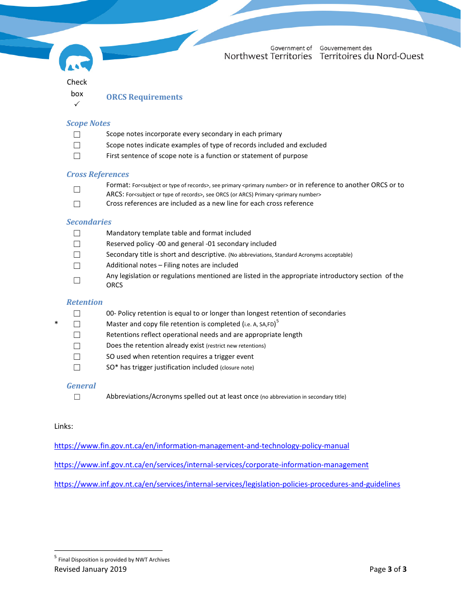 Checklist Operational Records Classification Systems - Northwest Territories, Canada, Page 3
