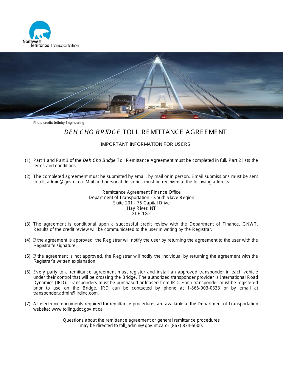 Deh Cho Bridge Toll Remittance Agreement - Northwest Territories, Canada, Page 1
