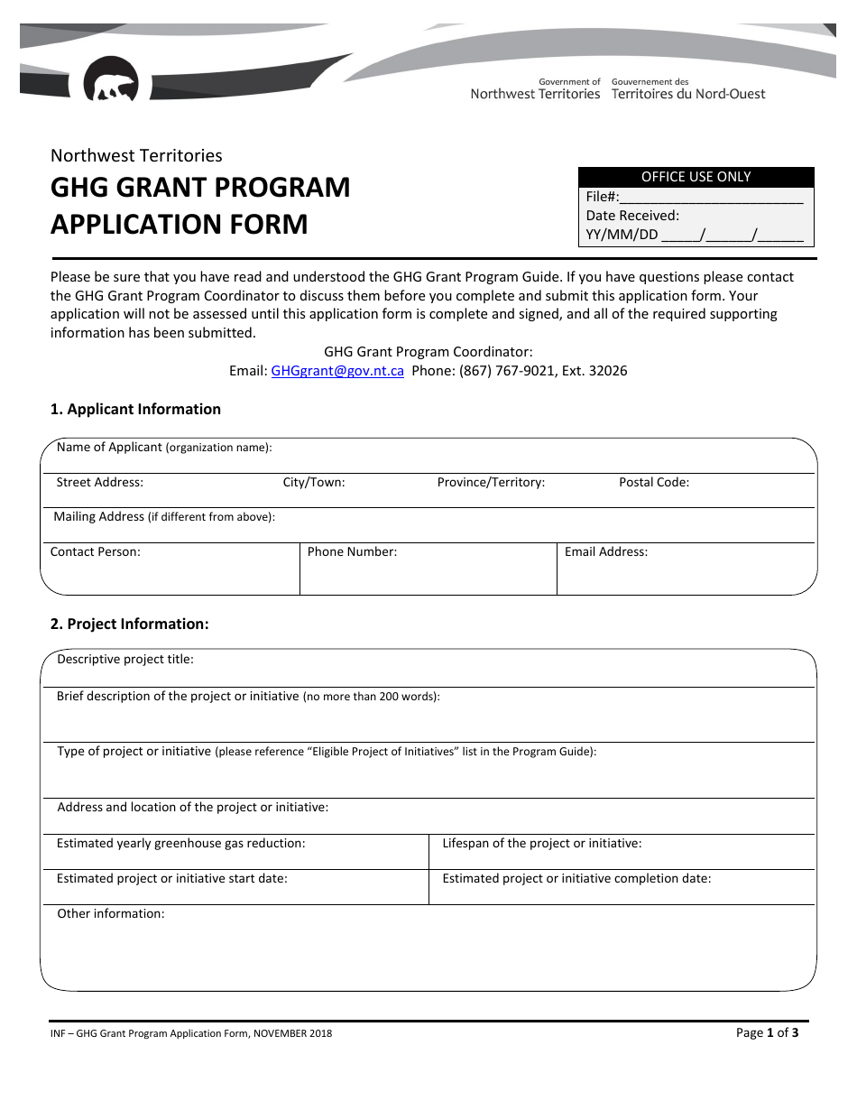 Ghg Grant Program Application Form - Northwest Territories, Canada, Page 1