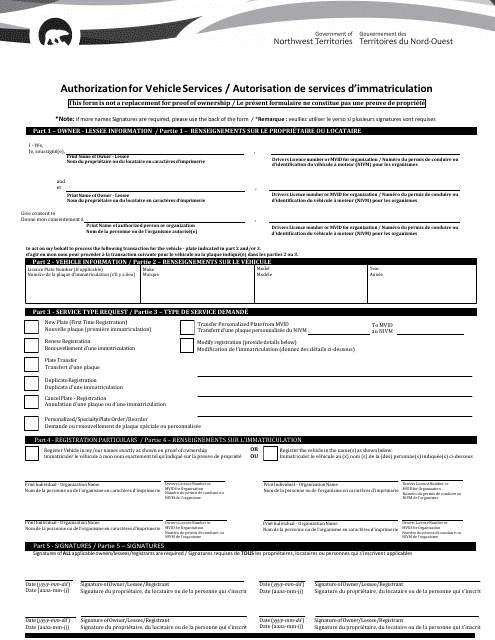 Authorization for Vehicle Services - Northwest Territories, Canada (English/French)