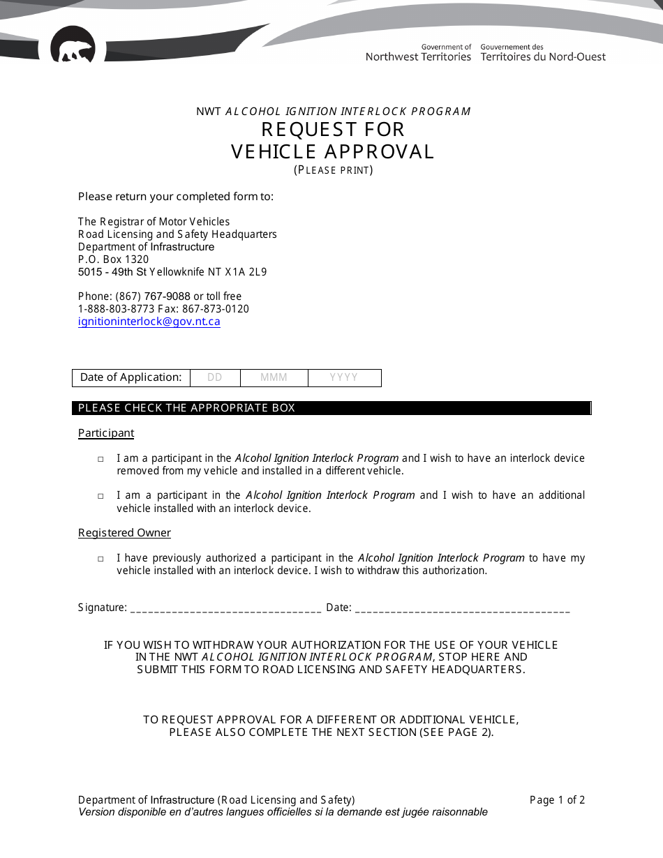 Request for Vehicle Approval - Northwest Territories, Canada, Page 1