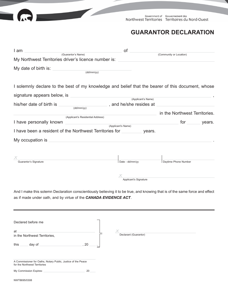 Form NWT8695 Guarantor Declaration - Northwest Territories, Canada, Page 1