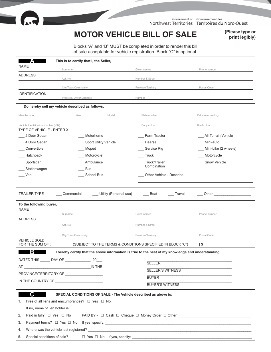 northwest territories canada motor vehicle bill of sale download printable pdf templateroller