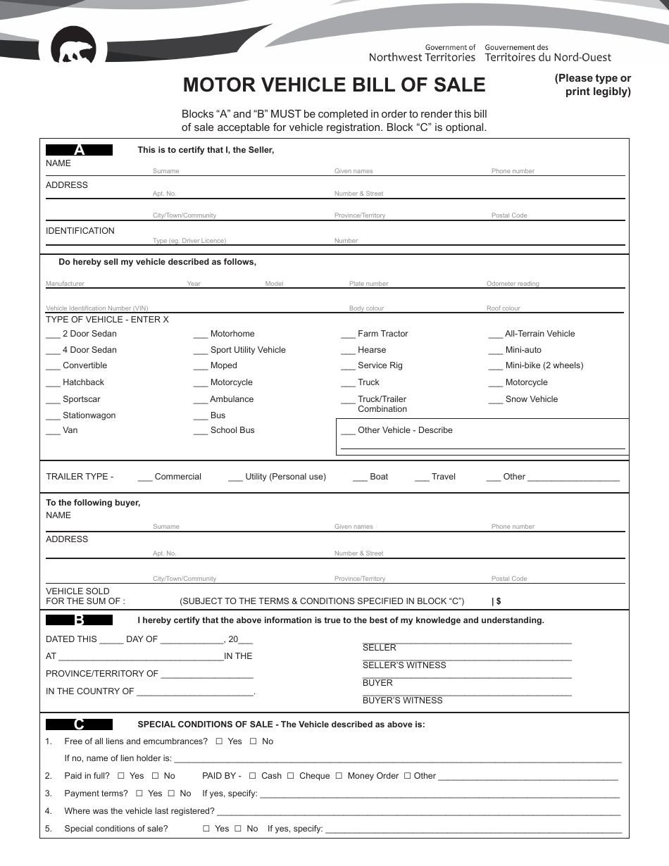 Motor Vehicle Bill of Sale - Northwest Territories, Canada, Page 1