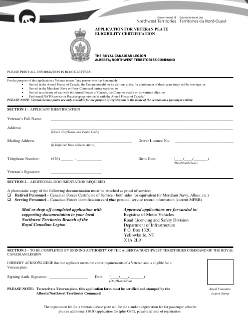 Application for Veteran Plate Eligibility Certification - Northwest Territories, Canada Download Pdf