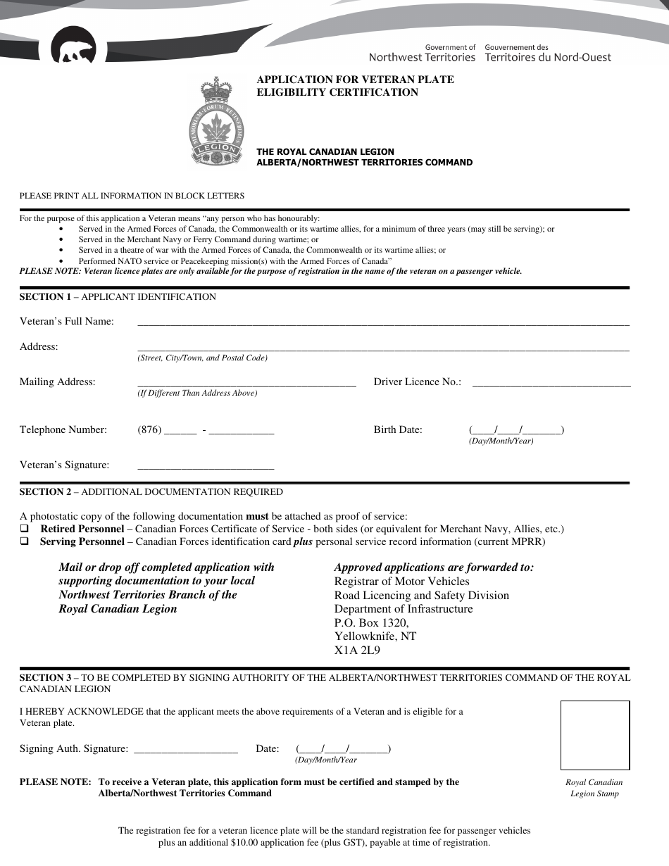 Application for Veteran Plate Eligibility Certification - Northwest Territories, Canada, Page 1