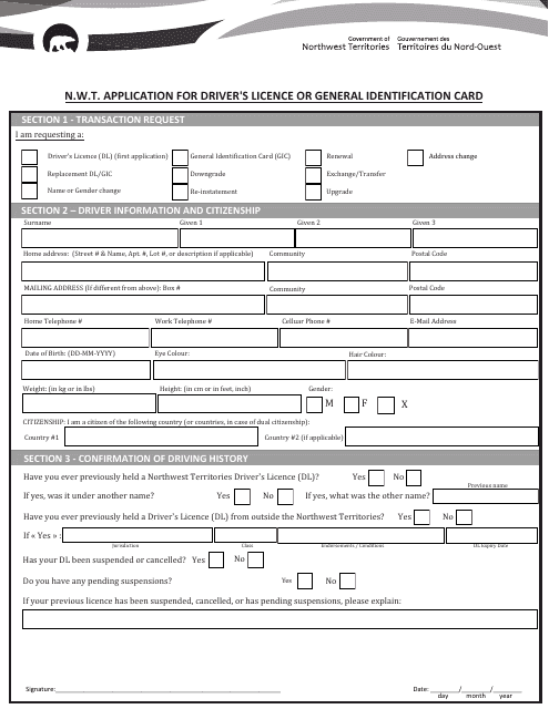 N.w.t. Application for Driver's Licence or General Identification Card - Northwest Territories, Canada Download Pdf