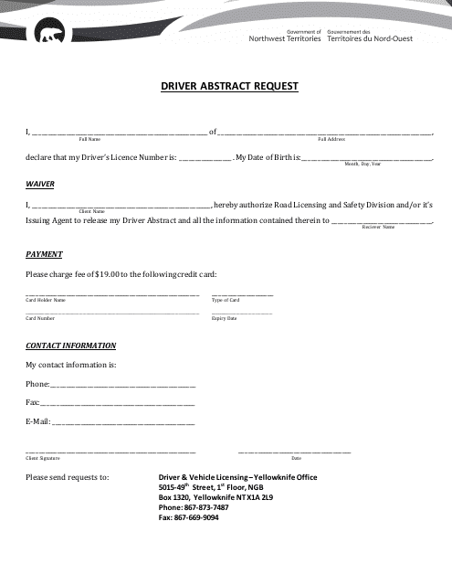 Driver Abstract Request - Northwest Territories, Canada Download Pdf