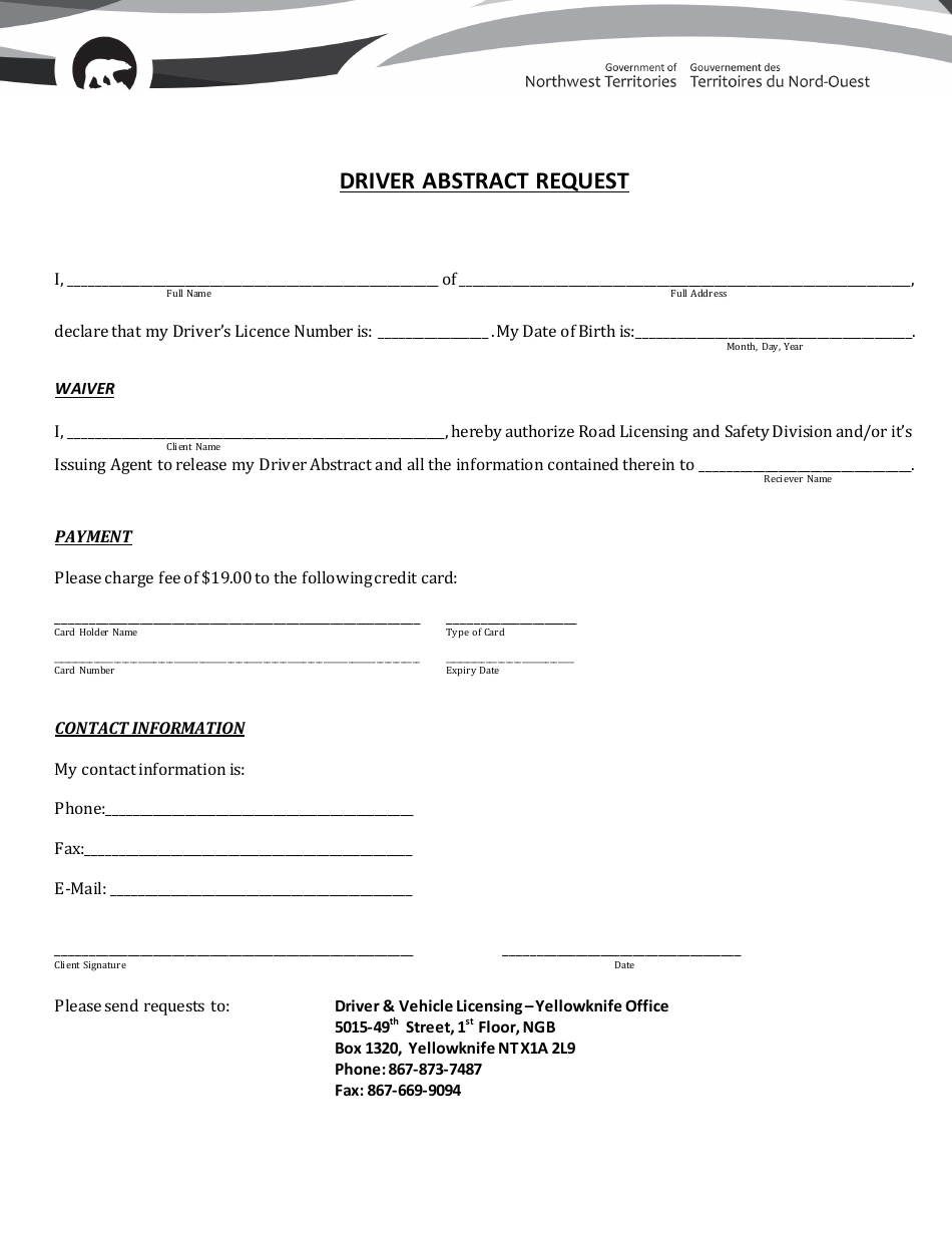 Driver Abstract Request - Northwest Territories, Canada, Page 1