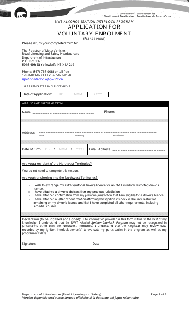 Application for Voluntary Enrollment - Northwest Territories, Canada Download Pdf