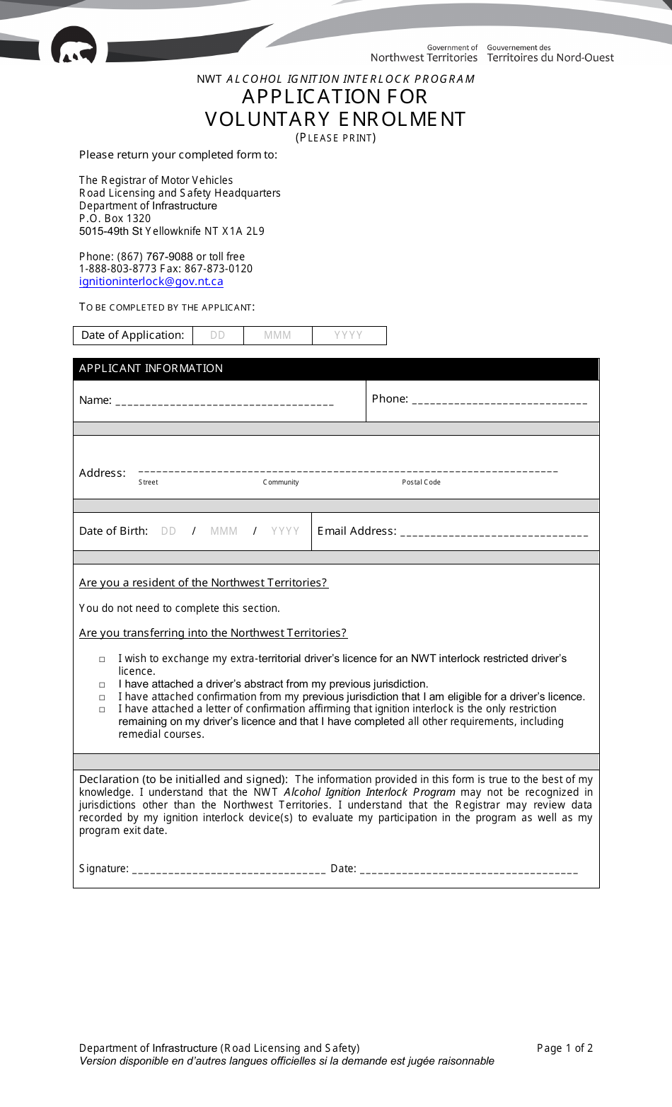 Application for Voluntary Enrollment - Northwest Territories, Canada, Page 1