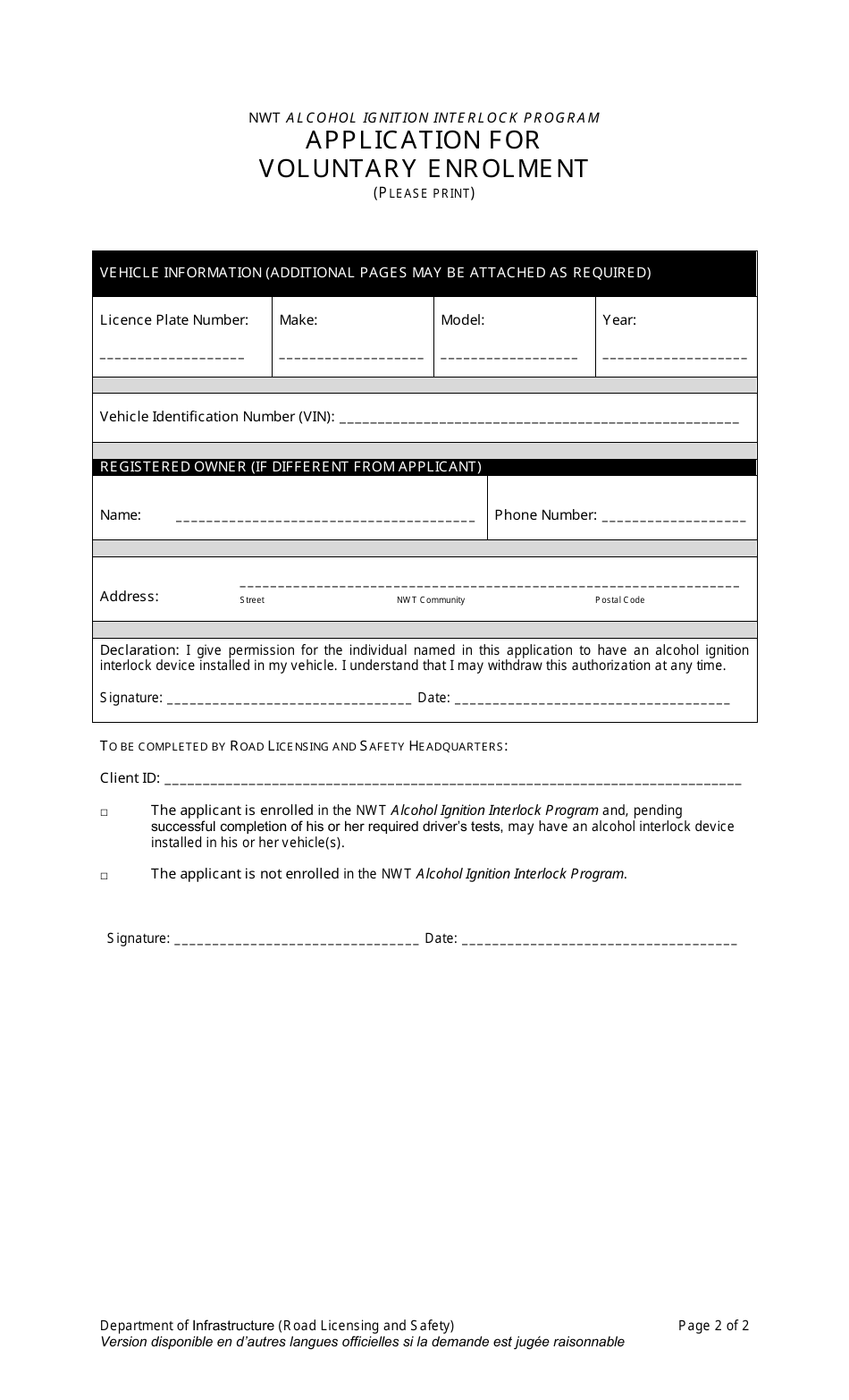 Application for Voluntary Enrollment - Northwest Territories, Canada, Page 2