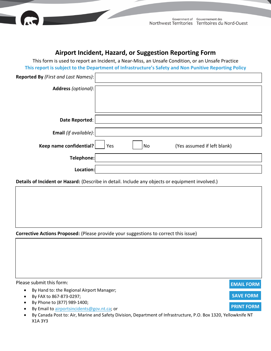 Airport Incident, Hazard, or Suggestion Reporting Form - Northwest Territories, Canada, Page 1
