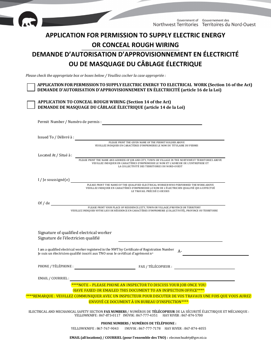 Application for Permission to Supply Electric Energy or Conceal Rough Wiring - Northwest Territories, Canada (English / French), Page 1