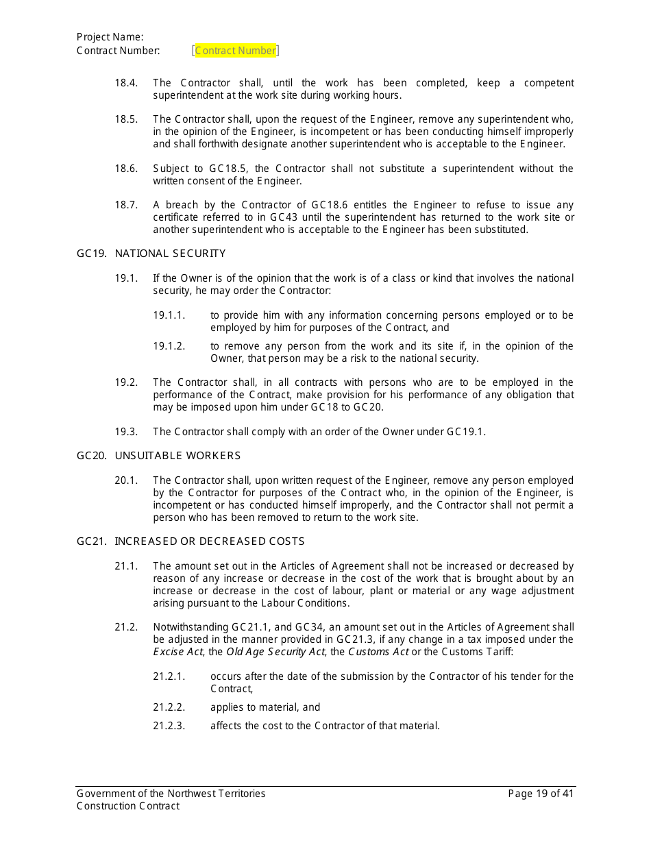 Construction Contract - Northwest Territories, Canada, Page 20