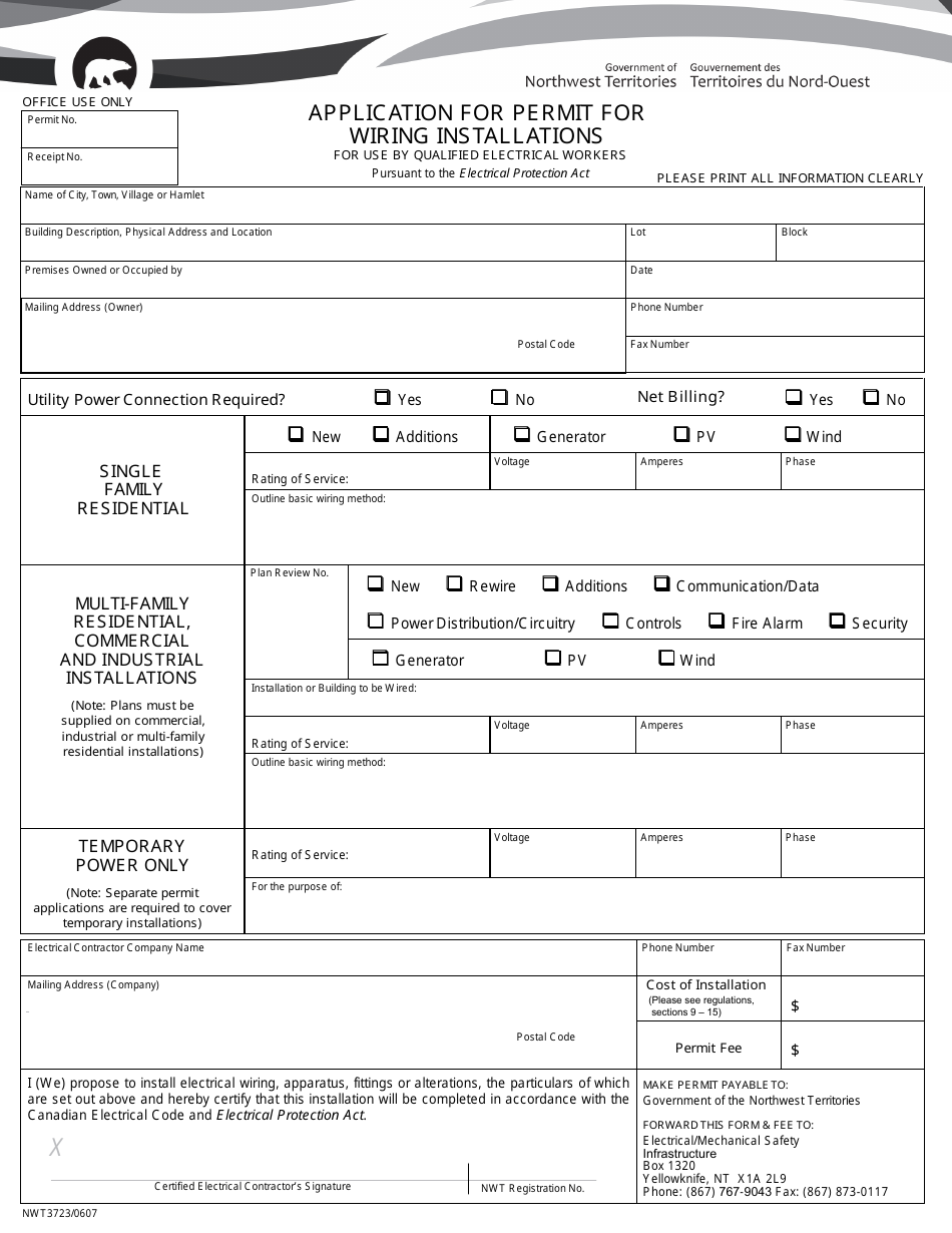Form NWT3723 Application for Permit for Wiring Installation - Electrical Workers Only - Northwest Territories, Canada, Page 1