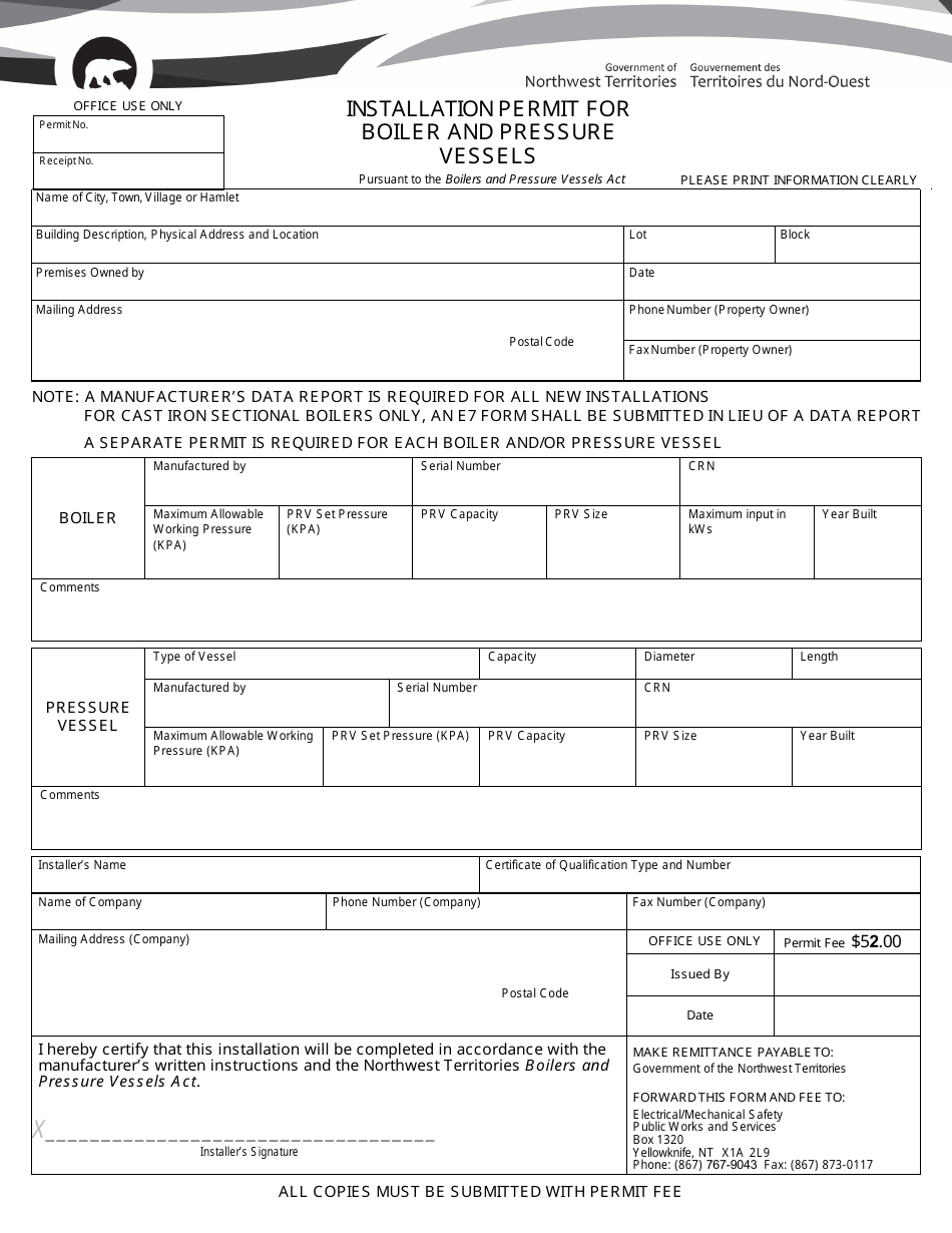 Installation Permit for Boiler and Pressure Vessels - Northwest Territories, Canada, Page 1