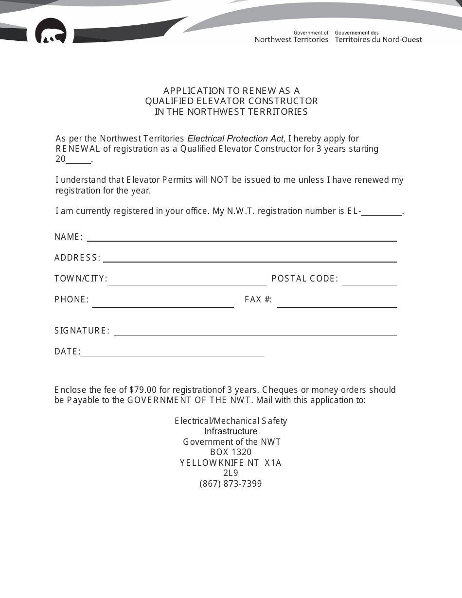 Application to Renew as a Qualified Elevator Constructor in the Northwest Territories - Northwest Territories, Canada, Page 1