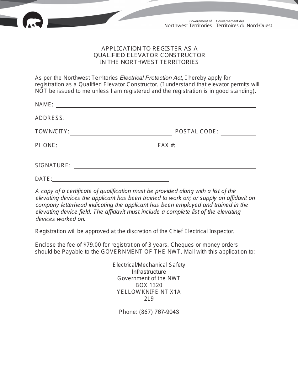 Application to Register as a Qualified Elevator Constructor in the Northwest Territories - Northwest Territories, Canada, Page 1