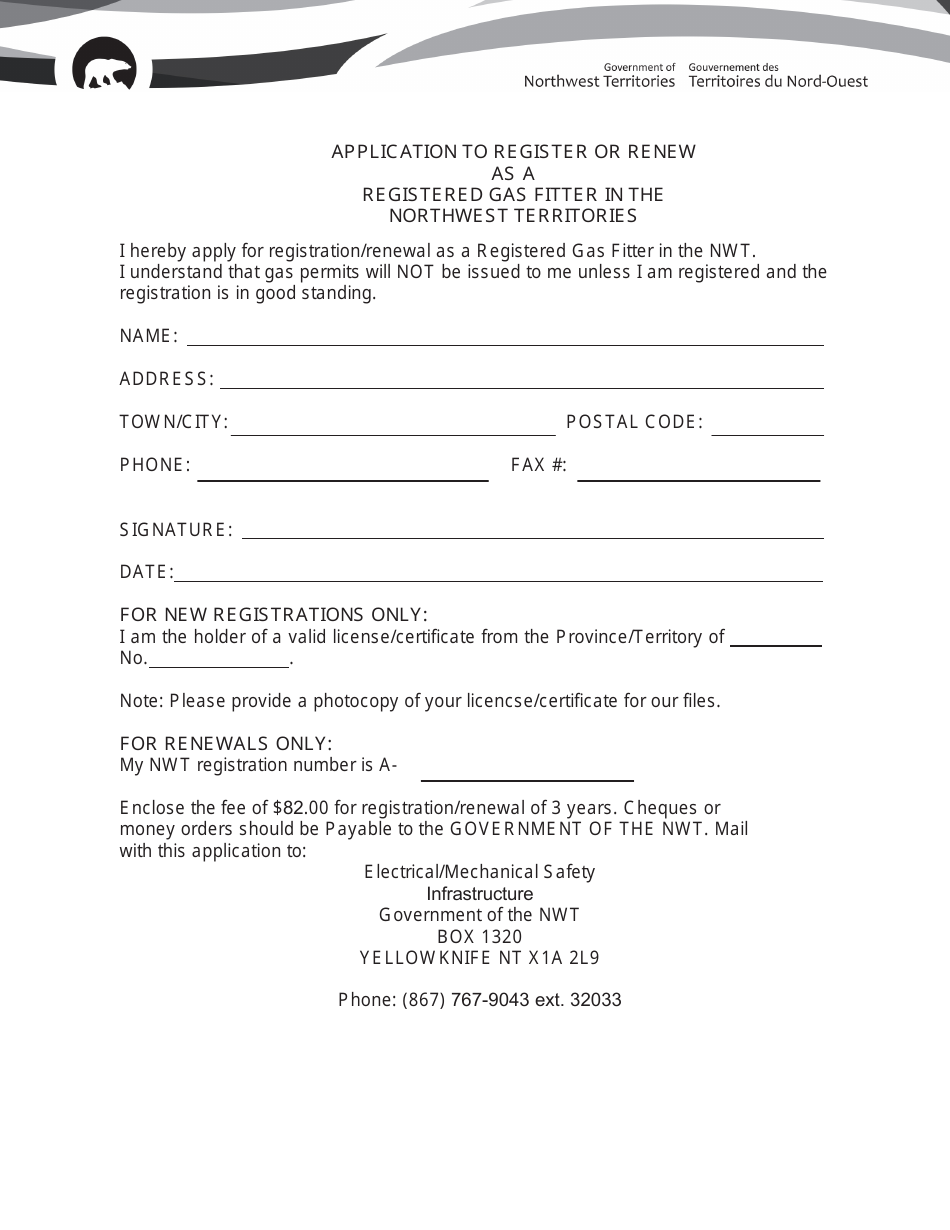 Application to Register or Renew as a Registered Gas Fitter in the Northwest Territories - Northwest Territories, Canada, Page 1