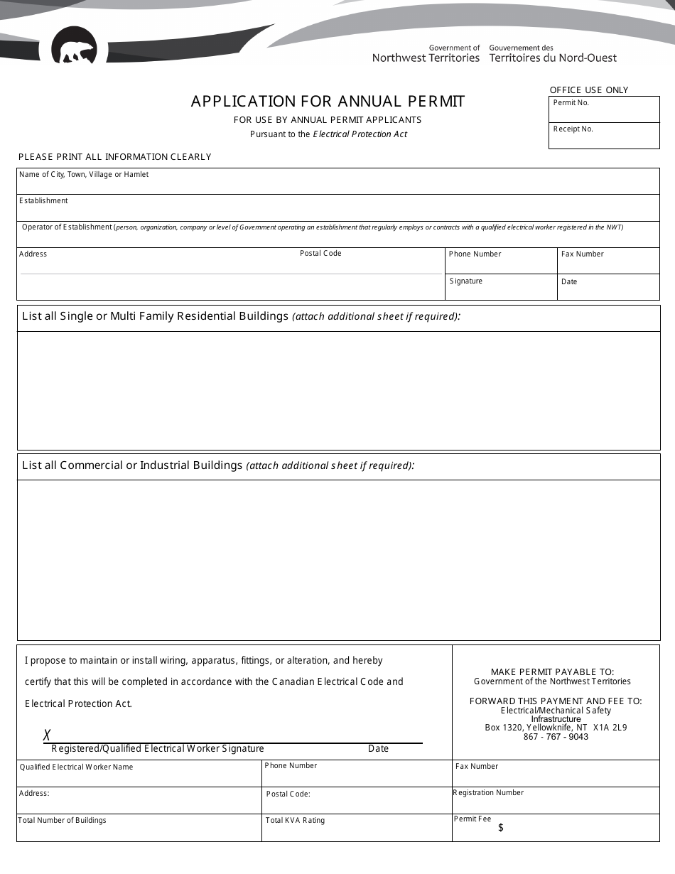 Application for Annual Permit - Northwest Territories, Canada, Page 1