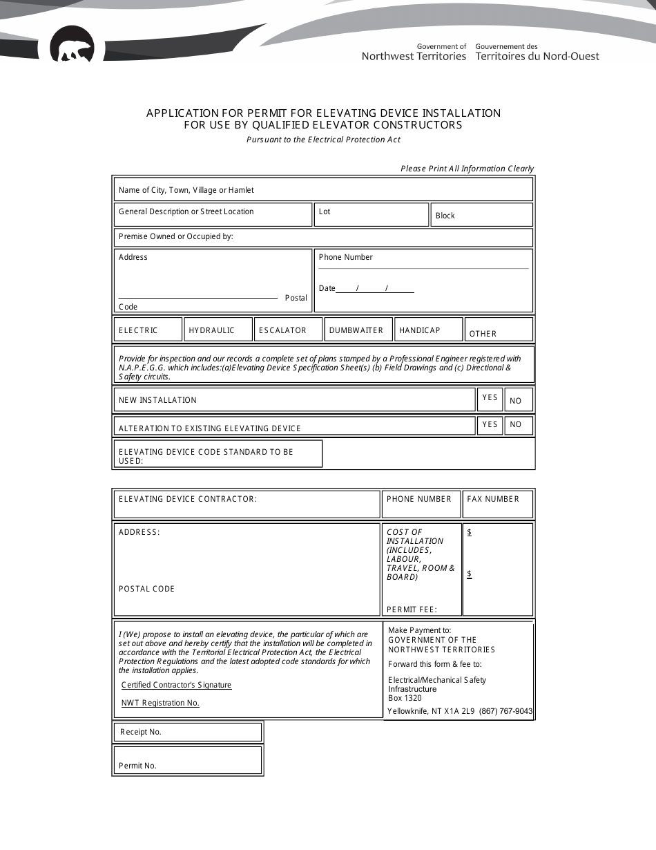 Application for Permit for Elevating Device Installation for Use by Qualified Elevator Constructors - Northwest Territories, Canada, Page 1