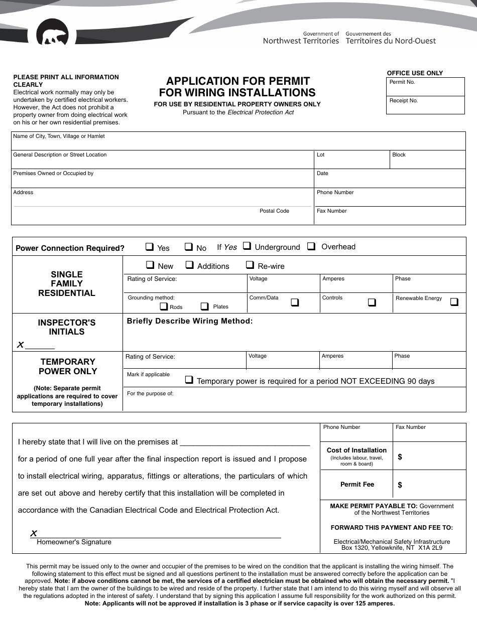 Northwest Territories Canada Application for Permit for Wiring Installations Residential