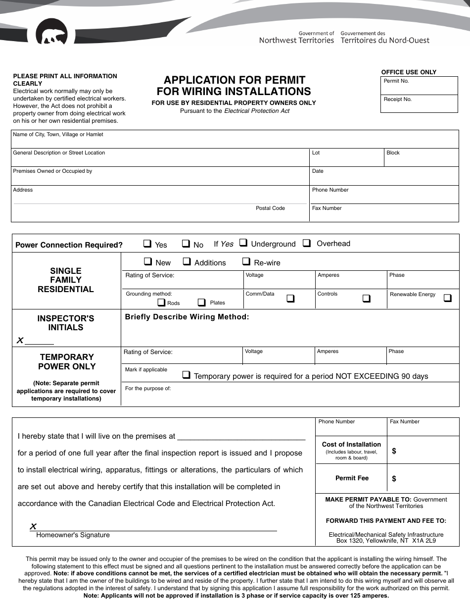 Application for Permit for Wiring Installations - Residential Property Owners Only - Northwest Territories, Canada, Page 1