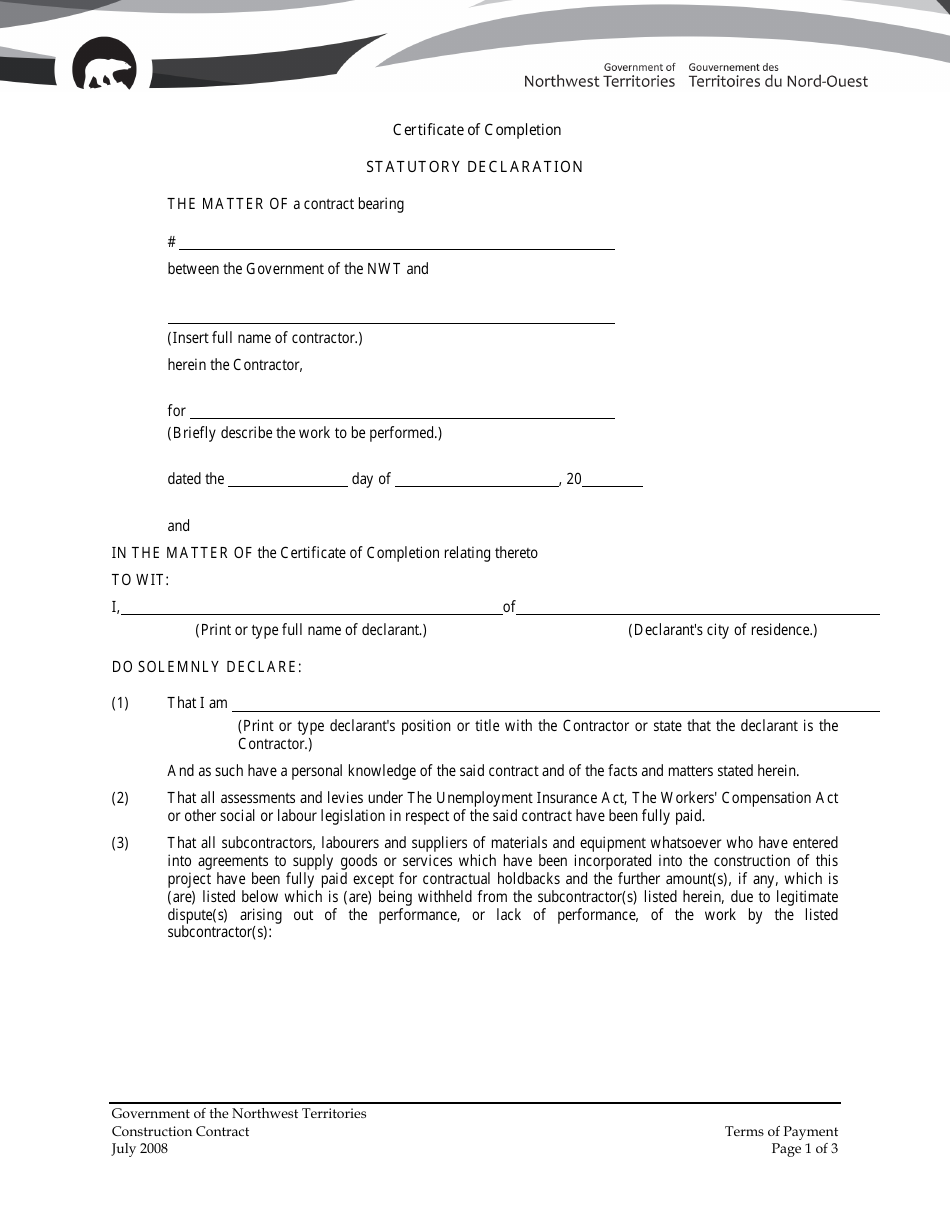 Certificate of Completion - Statutory Declaration - Northwest Territories, Canada, Page 1