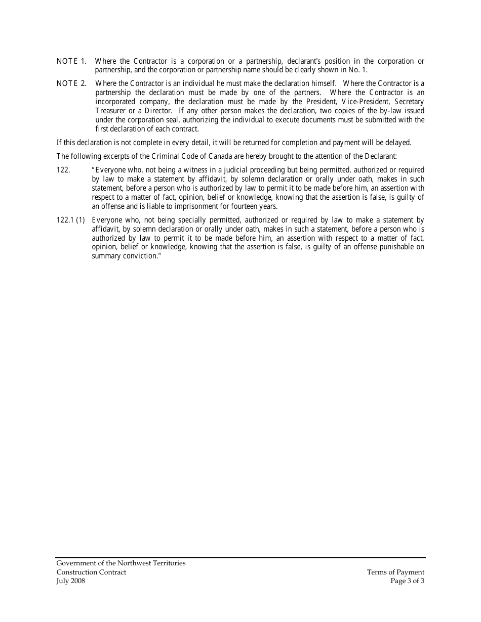 Certificate of Completion - Statutory Declaration - Northwest Territories, Canada, Page 3