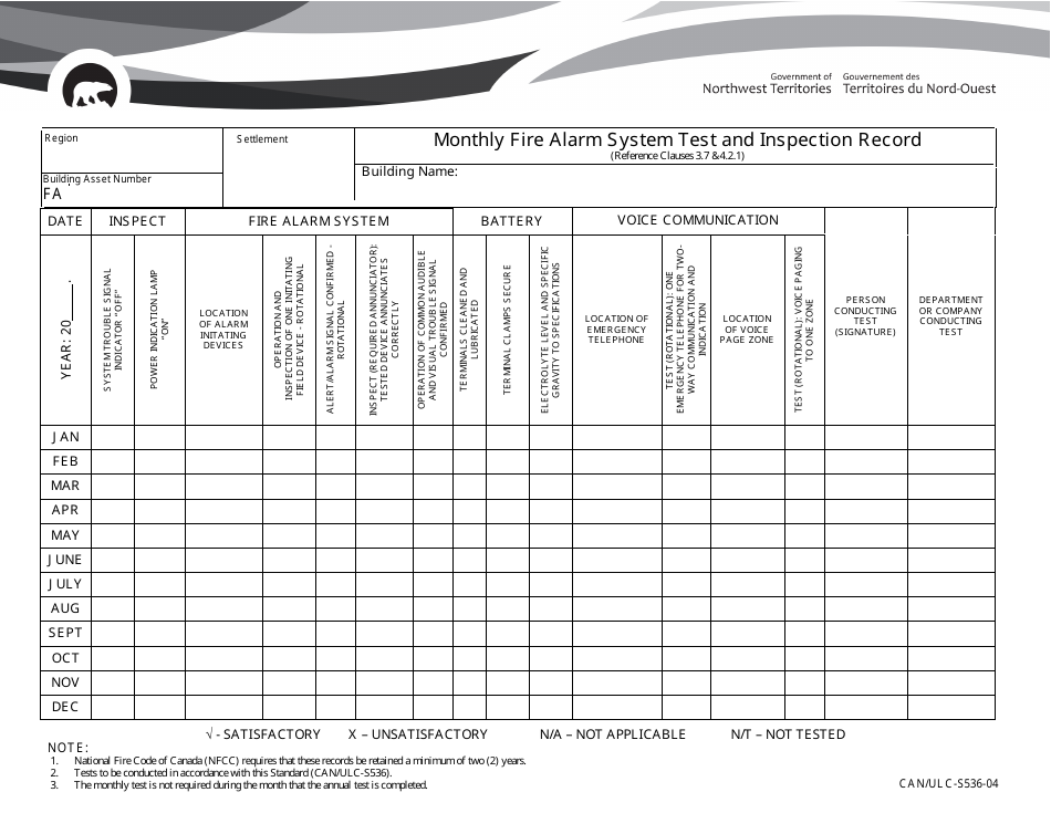 Form CAN/ULC-S536-04 Monthly Fire Alarm System Test and Inspection Record - Northwest Territories, Canada, Page 1