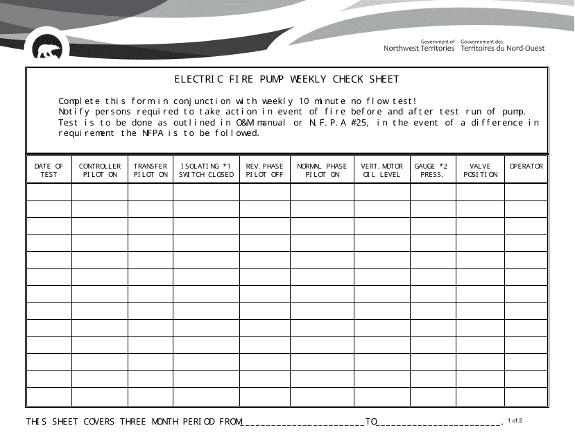 Electric Fire Pump Weekly Check Sheet - Northwest Territories, Canada