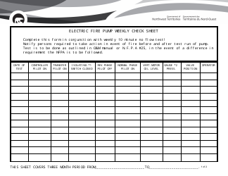 Electric Fire Pump Weekly Check Sheet - Northwest Territories, Canada