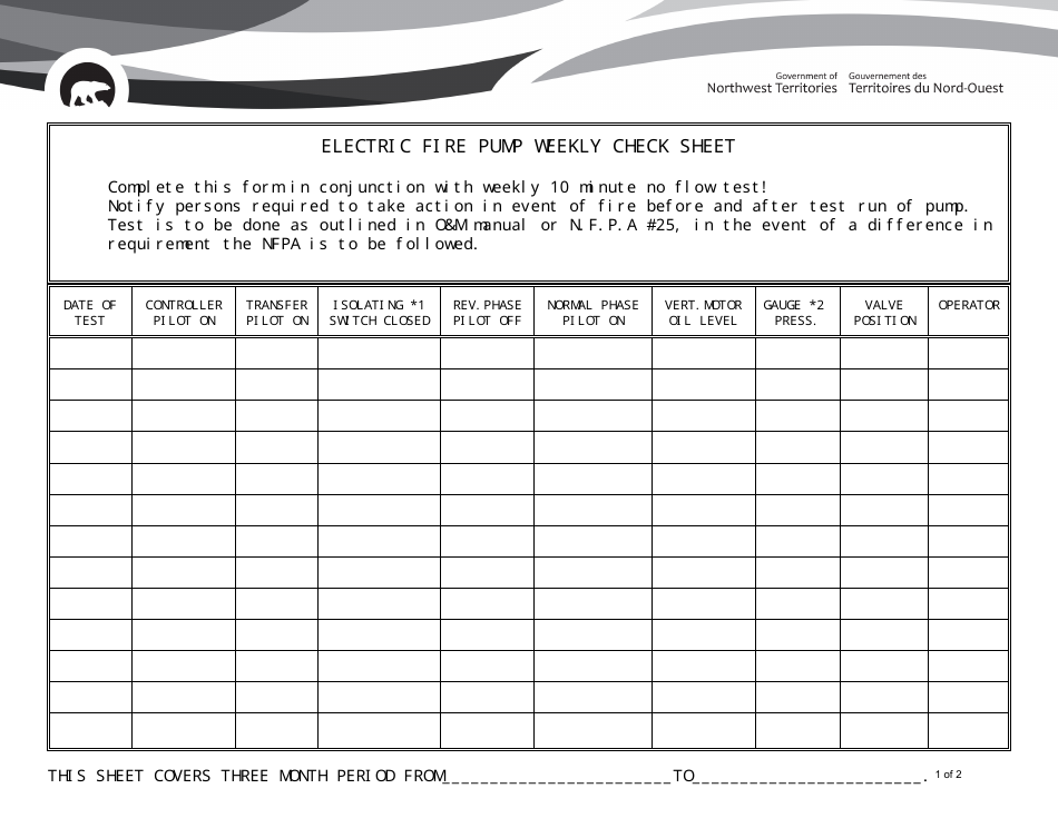 Electric Fire Pump Weekly Check Sheet - Northwest Territories, Canada, Page 1