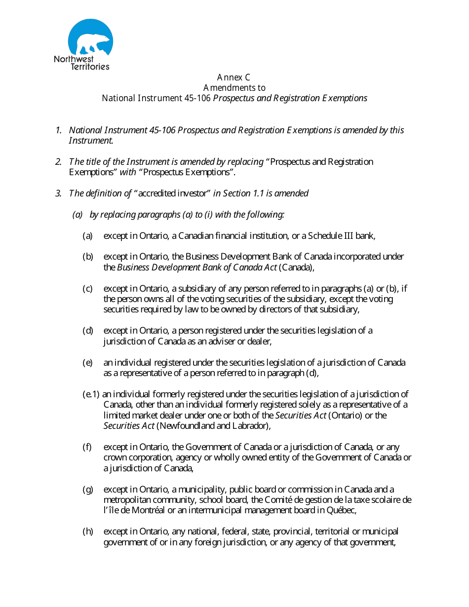 Form 45-106F9 Annex C Form for Individual Accredited Investors - Northwest Territories, Canada, Page 1