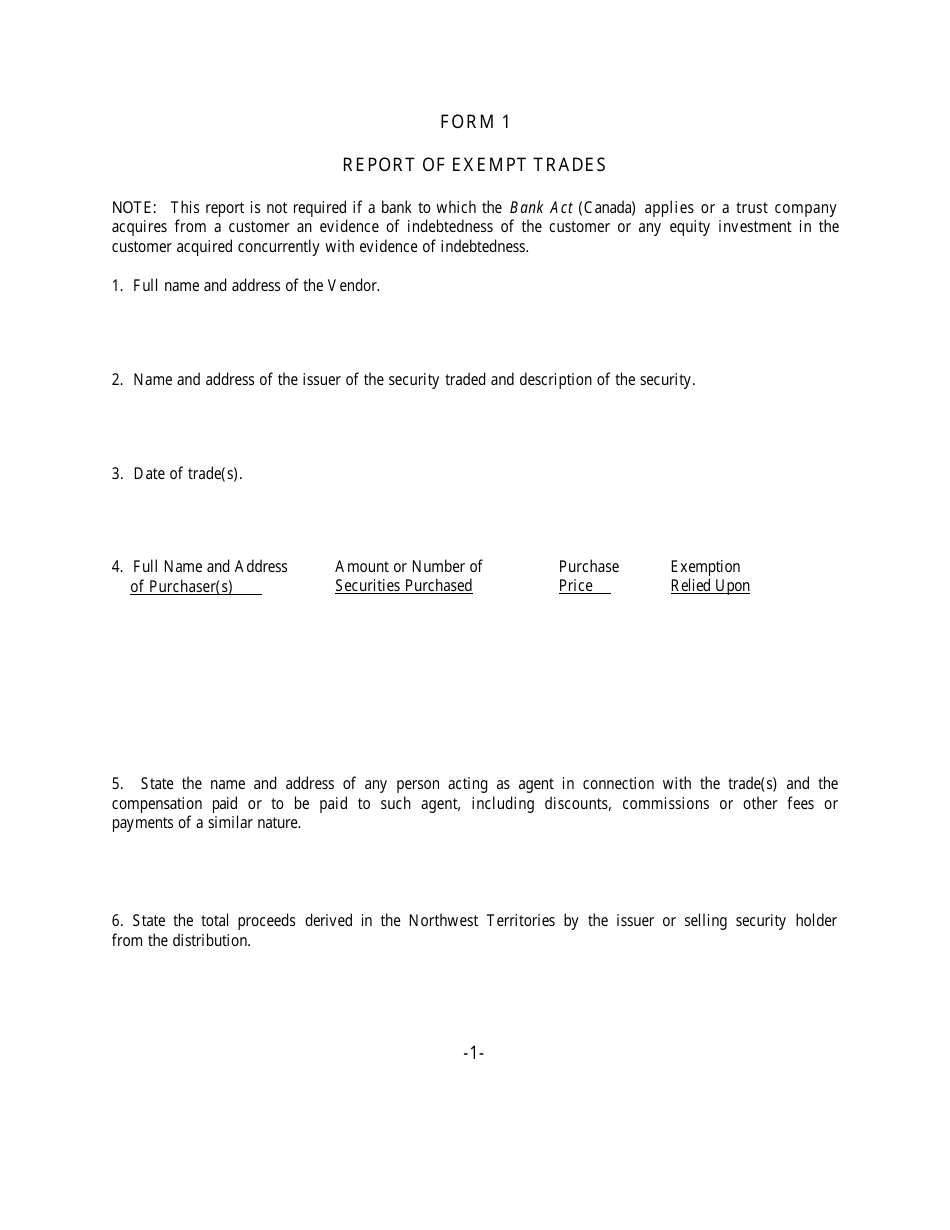 Form 1 Report of Exempt Trades - Northwest Territories, Canada, Page 1