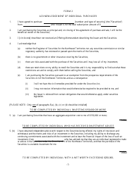 Form 2 &quot;Acknowledgement of Individual Purchaser&quot; - Northwest Territories, Canada