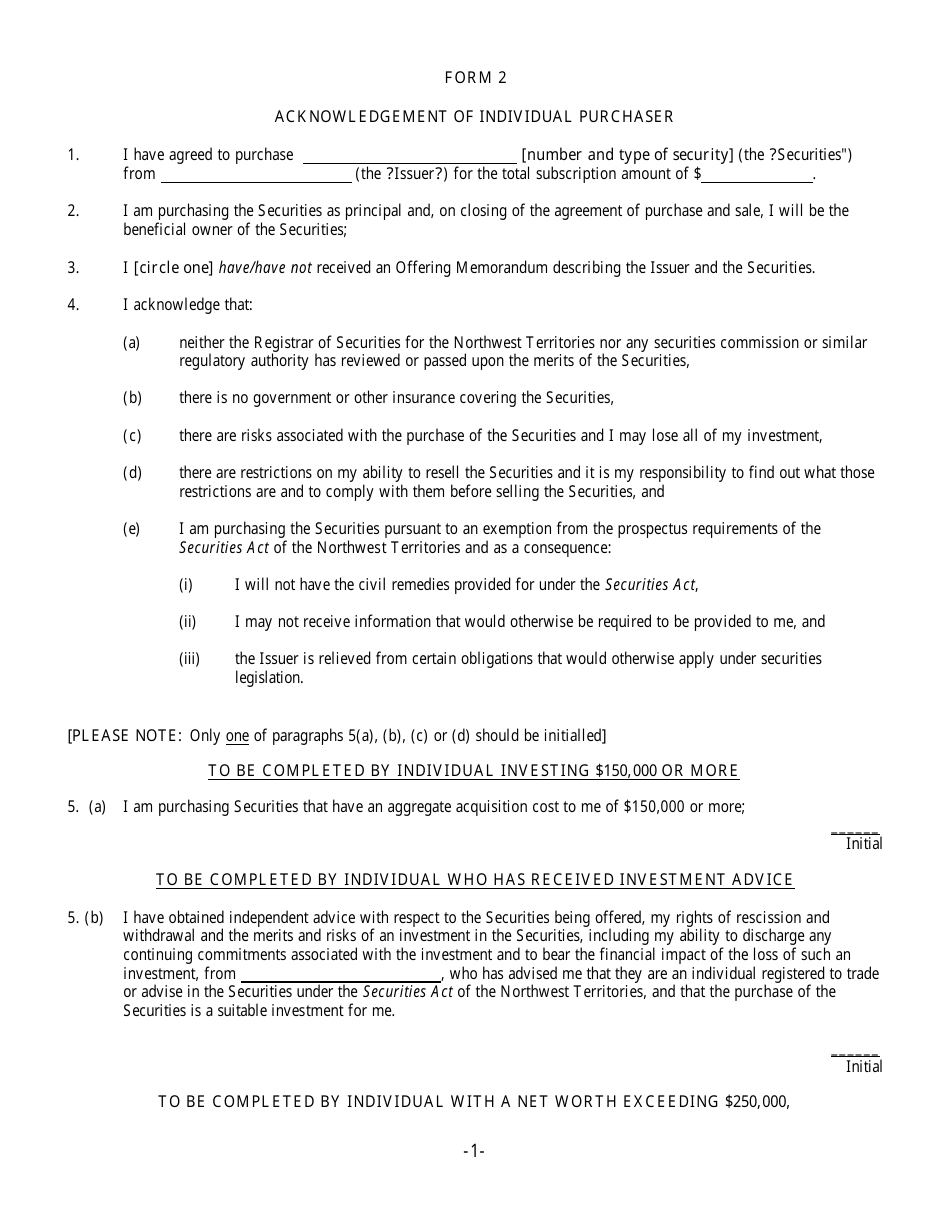 Form 2 Acknowledgement of Individual Purchaser - Northwest Territories, Canada, Page 1