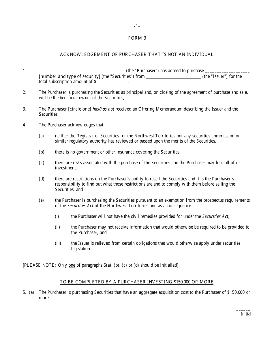 Form 3 Acknowledgement of Purchaser That Is Not an Individual - Northwest Territories, Canada, Page 1